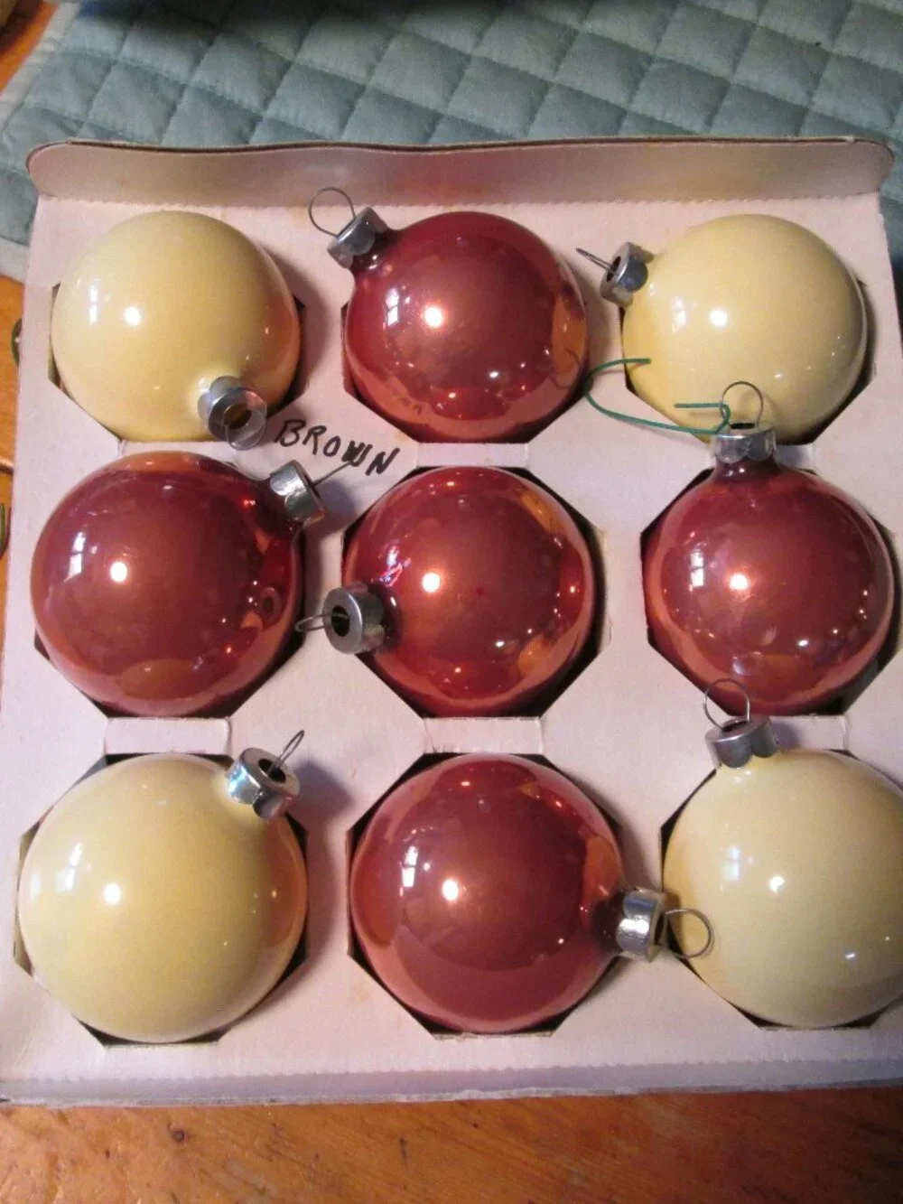 rare box of 9 copper ivory MCM mercury blown glass silver top ornaments